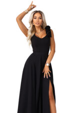 643-2 Elegancka wieczorowa suknia maxi z rozcięciem i różami - klasyczna czerń-11