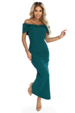 644-1 Zmysłowa sukienka midi hiszpanka z kokardą na dekolcie - butelkowa zieleń-9