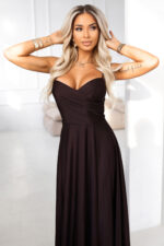 646-1 Długa sukienka wieczorowa na ramiączkach z rozcięciem na nodze - czekoladowy brąz-2