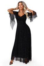 655-1 Długa połyskująca w świetle suknia z dekoltem i transparentnym rękawkiem - czarna-11