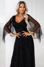 655-1 Długa połyskująca w świetle suknia z dekoltem i transparentnym rękawkiem - czarna-3