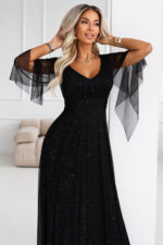 655-1 Długa połyskująca w świetle suknia z dekoltem i transparentnym rękawkiem - czarna-5