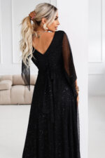 655-1 Długa połyskująca w świetle suknia z dekoltem i transparentnym rękawkiem - czarna-6