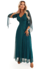 655-2 Długa połyskująca w świetle suknia z dekoltem i transparentnym rękawkiem - szmaragdowa zieleń-11