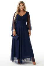 655-3 Długa połyskująca w świetle suknia z dekoltem i transparentnym rękawkiem - granatowa-7