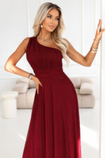 656-1 Długa błyszcząca suknia wieczorowa na jedno ramię - burgund-4