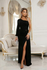 658-1 Połyskująca brokatowa sukienka maxi na jedno ramię z asymetrycznym rękawem i rozcięciem - czarna-12