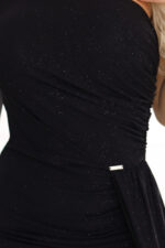 658-1 Połyskująca brokatowa sukienka maxi na jedno ramię z asymetrycznym rękawem i rozcięciem - czarna-7