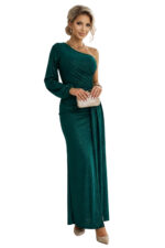 658-2 Połyskująca brokatowa sukienka maxi na jedno ramię z asymetrycznym rękawem i rozcięciem - butelkowa zieleń-11