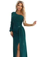658-2 Połyskująca brokatowa sukienka maxi na jedno ramię z asymetrycznym rękawem i rozcięciem - butelkowa zieleń-7