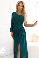658-2 Połyskująca brokatowa sukienka maxi na jedno ramię z asymetrycznym rękawem i rozcięciem - butelkowa zieleń-5
