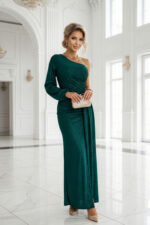 658-2 Połyskująca brokatowa sukienka maxi na jedno ramię z asymetrycznym rękawem i rozcięciem - butelkowa zieleń-10