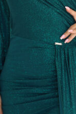 658-2 Połyskująca brokatowa sukienka maxi na jedno ramię z asymetrycznym rękawem i rozcięciem - butelkowa zieleń-6