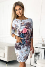 13-155 Sukienka sportowa z wiązaniem - KWIATY na kamiennym tle-5