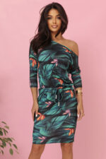 13-166 Sukienka sportowa z kieszonkami i wiązaniem - liście 3D-7