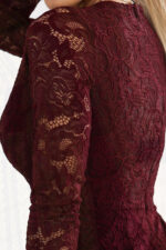 170-14 Koronkowa sukienka z długim rękawkiem i dekolotem - CIEMNE BORDO-5