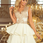 200-1 CHARLOTTE - ekskluzywna sukienka z koronkowym dekoltem - ZŁOTY/BEŻOWY + ECRU-1