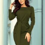 209-5 Sukienka z szerokim wiązanym PASKIEM - KHAKI-1