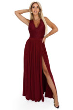 211-8 LEA długa suknia z koronkowym dekoltem i rozcięciem na nogę - bordowa-8