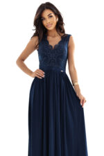 215-6 LEA długa elegancka suknia maxi z koronkową górą i rozcięciem na nodze - granatowa-11