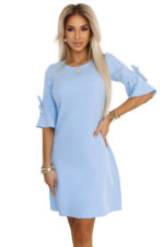 217-11 NEVA Trapezowa sukienka z wiązaniem na rękawkach - BŁĘKITNA-7