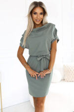 240-4 ROXI sukienka z asymetryczną spódnicą i paskiem - kolor OLIWKOWY-2