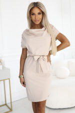 240-5 ROXI sukienka z asymetryczną spódnicą i paskiem - BEŻOWA-1