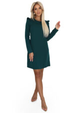 264-2 NELL Elegancka trapezowa sukienka z falbankami na ramionach - zieleń butelkowa-7