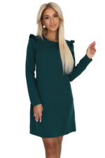 264-2 NELL Elegancka trapezowa sukienka z falbankami na ramionach - zieleń butelkowa-8