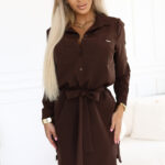 284-5 CAMILLE Koszulowa sukienka z kieszeniami i wiązaniem - CZEKOLADOWA-1