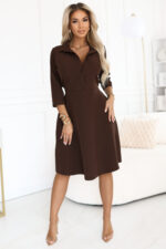 286-9 SANDY Koszulowa rozkloszowana sukienka z paskiem - czekoladowa-2
