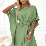 287-27 SOFIA Sukienka motyl z wiązaniem w pasie - OLIWKA-1