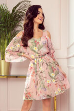 292-1 MARINA zwiewna szyfonowa sukienka z dekoltem - RÓŻOWA W KWIATY-1