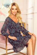 295-3 BAKARI zwiewna szyfonowa sukienka z dekoltem - TURKUSOWY WZÓR-1