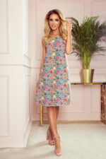 296-1 VICTORIA Trapezowa sukienka w kolorowy wzór - różowy z turkusem-5