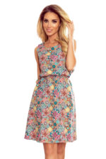 296-1 VICTORIA Trapezowa sukienka w kolorowy wzór - różowy z turkusem-10