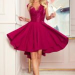 300-4 PATRICIA - sukienka z dłuższym tyłem i koronkowym dekoltem - BORDOWA-1