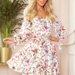 305-1 ZOE zwiewna szyfonowa sukienka z dekoltem - KOLOROWE KWIATY na jasnym tle-1