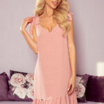 306-3 ROSITA Sukienka z kokardkami na ramionach i falbanką - PUDROWY RÓŻ-1