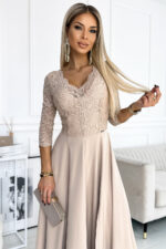 309-10 AMBER koronkowa elegancka długa suknia z dekoltem i rozcięciem na nogę - BEŻOWA-2
