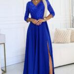 309-12 AMBER elegancka długa koronkowa suknia z dekoltem - kolor CHABROWY-1