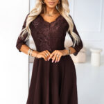 309-14 AMBER elegancka długa koronkowa suknia z dekoltem - czekolada-1