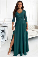 309-5 AMBER elegancka koronkowa długa suknia z dekoltem - ZIELEŃ BUTELKOWA-7