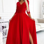 309-8 AMBER koronkowa elegancka długa suknia z dekoltem i rozcięciem na nogę - CZERWONA-1