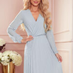 313-11 ISABELLE Plisowana sukienka z dekoltem i długim rękawkiem - SZARA-1