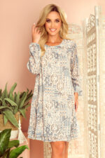 319-2 HANNAH szyfonowa sukienka z dekoltem na plecach - beżowo-niebieski wzór BOHO-2