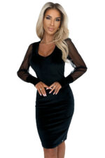 343-2 Elegancka welurowa sukienka z przezroczystym tiulowym rękawkiem - CZARNA-6