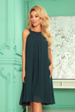 350-4 ALIZEE - szyfonowa sukienka z wiązaniem - ZIELEŃ BUTELKOWA-5