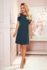 359-2 Trapezowa sukienka z falbankami na ramionach - ZIELEŃ BUTELKOWA-3