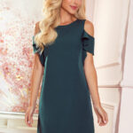 359-2 Trapezowa sukienka z falbankami na ramionach - ZIELEŃ BUTELKOWA-1